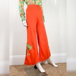 70s Vintage So-En Jostawear Tropical Palm Tree Embroidered Flared Pants